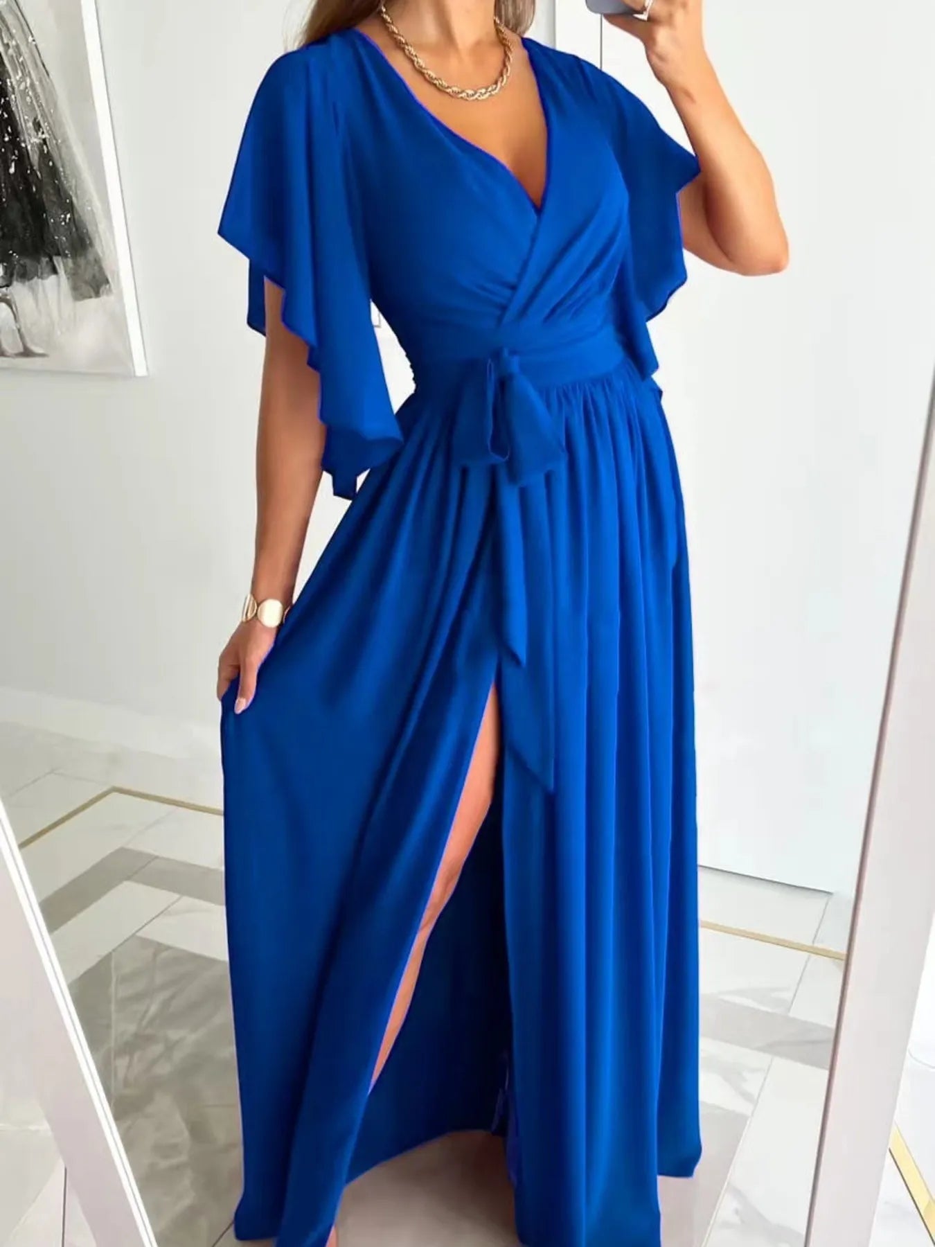 Flutter Sleeve Surplice Tie Waist Dress - adritiX