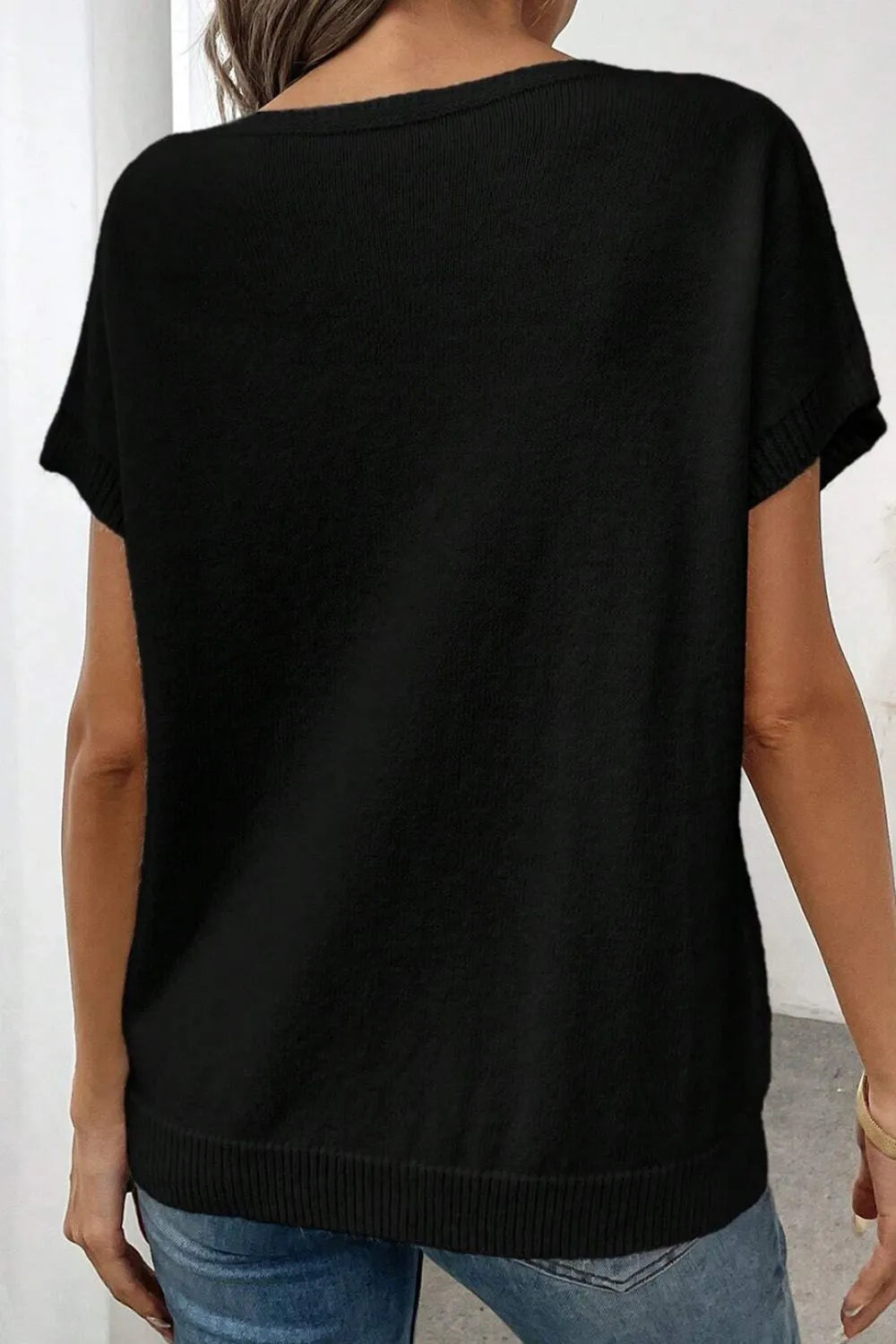 Elegant Bow Pattern Knit Short Sleeve Sweater - adritiX