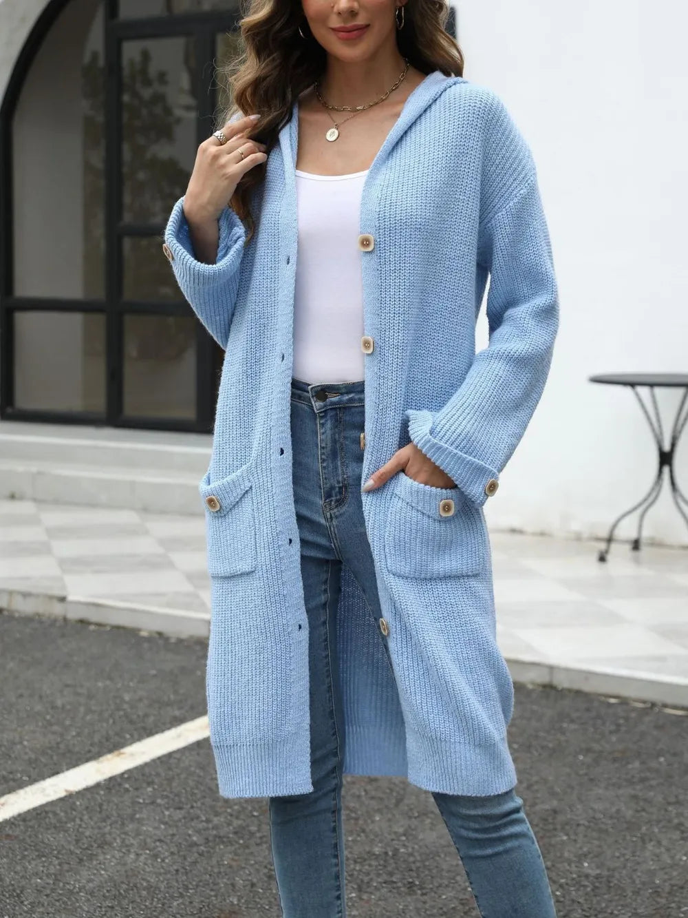 Pocketed Button Up Long Sleeve Hooded Cardigan - adritiX