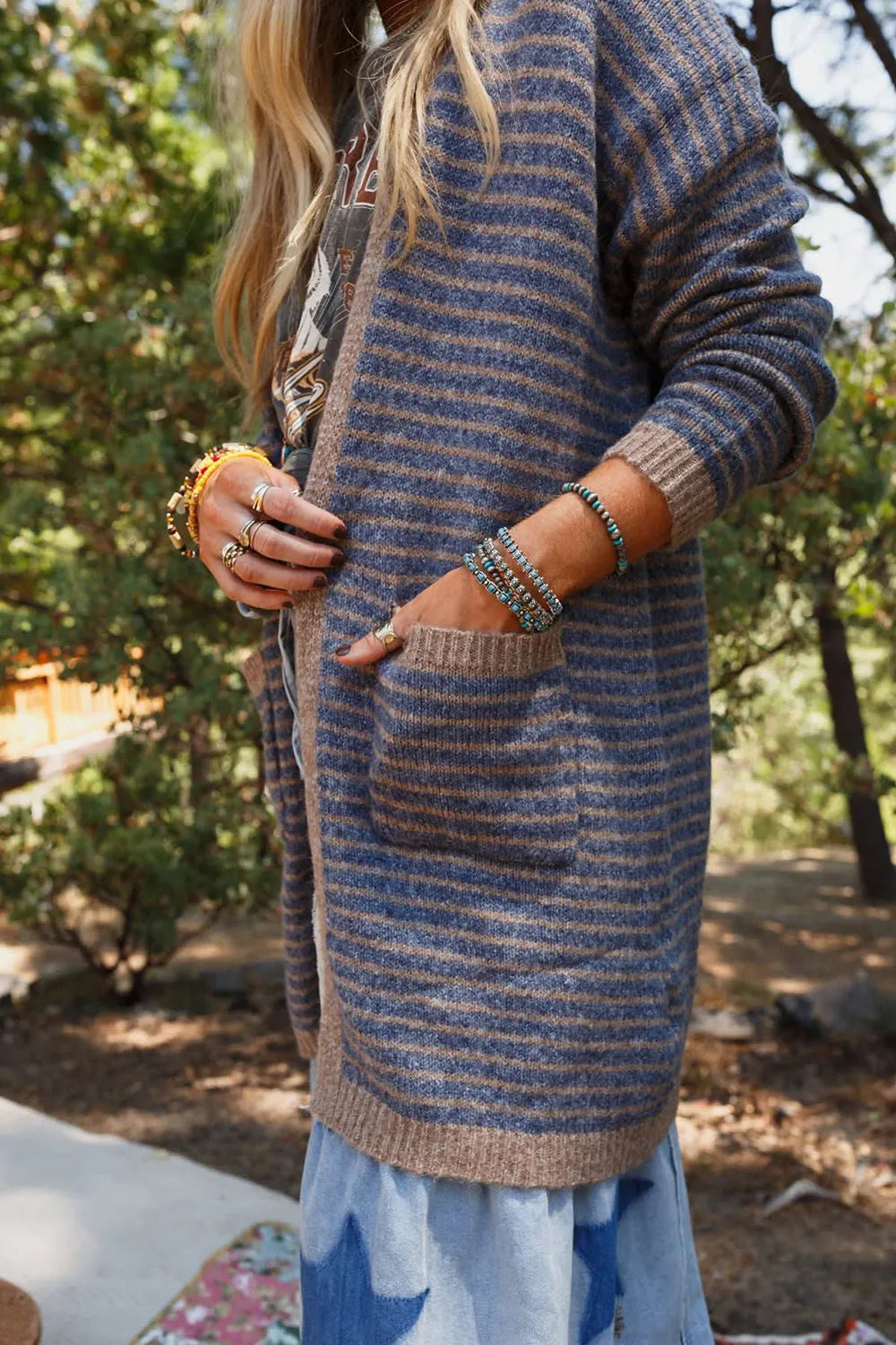 Open Front Long Sleeve Striped Cardigan - adritiX