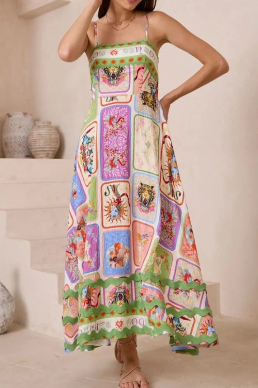 Smocked Printed Square Neck Cami Dress - adritiX