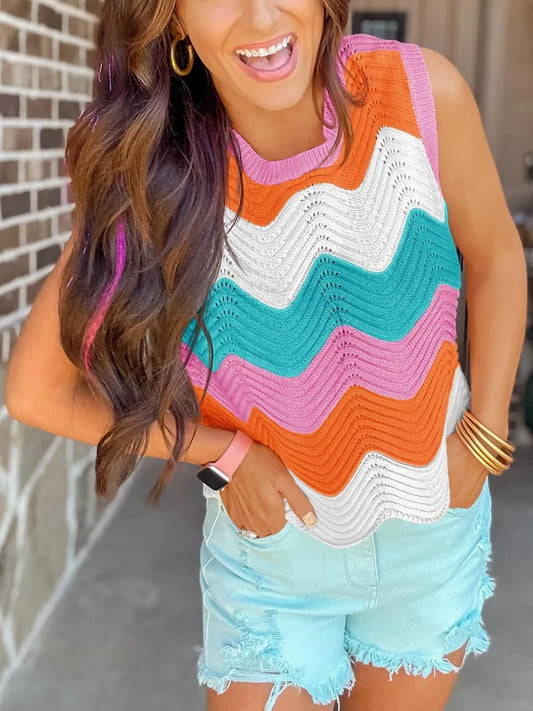 Color Block Round Neck Sweater Vest - adritiX