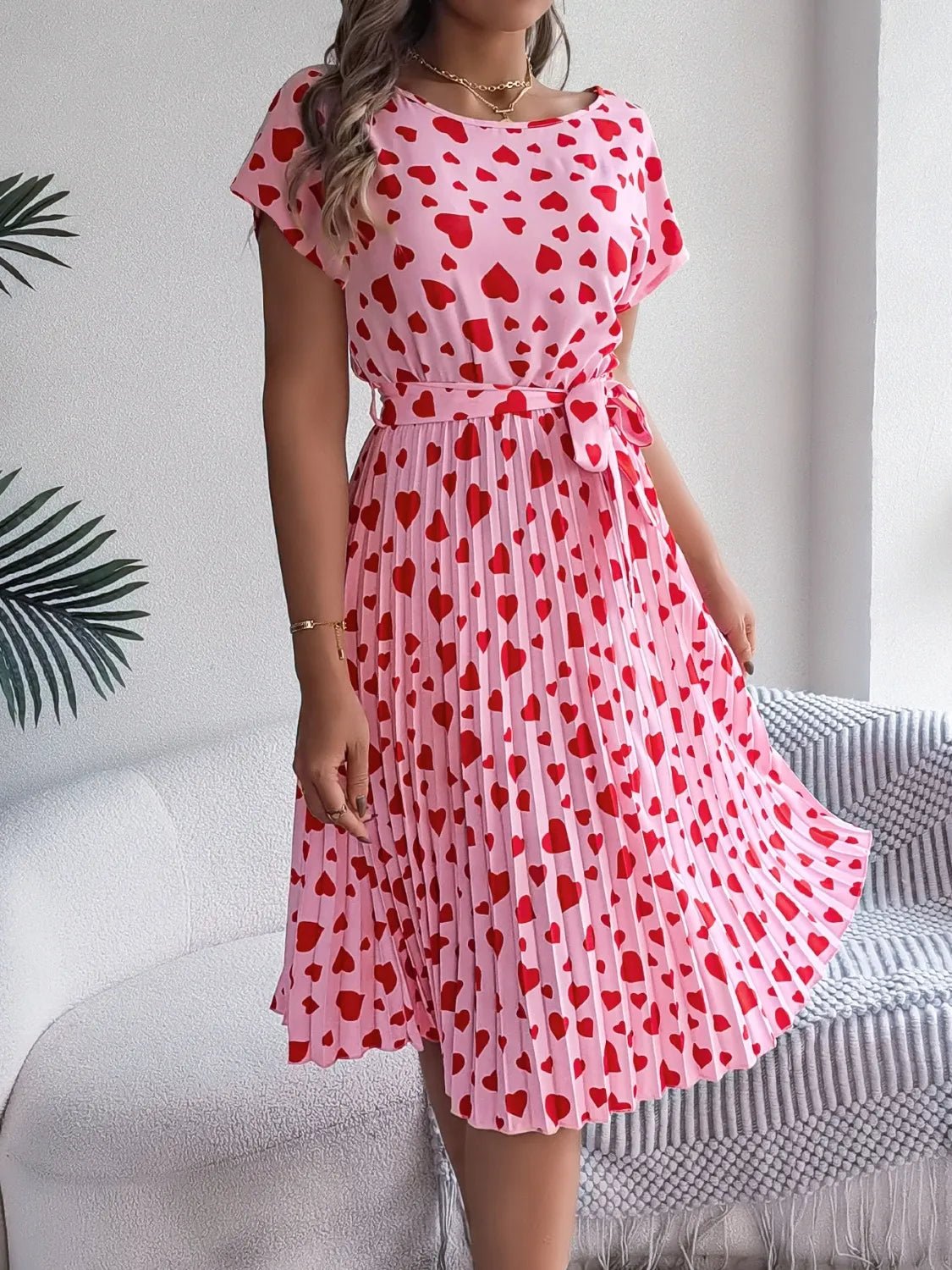 Heart Print Short Sleeve Tie Waist Dress - adritiX