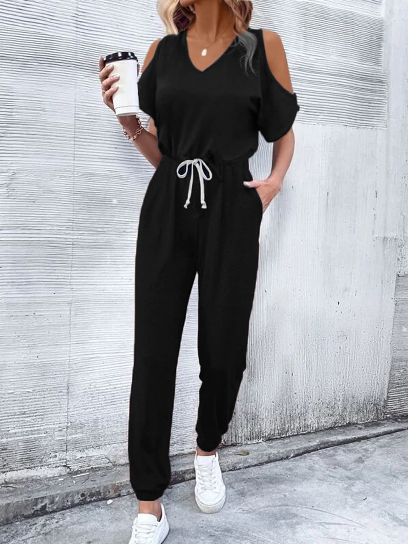 Elegant V-Neck Cold-Shoulder Jumpsuit with Pockets - adritiX