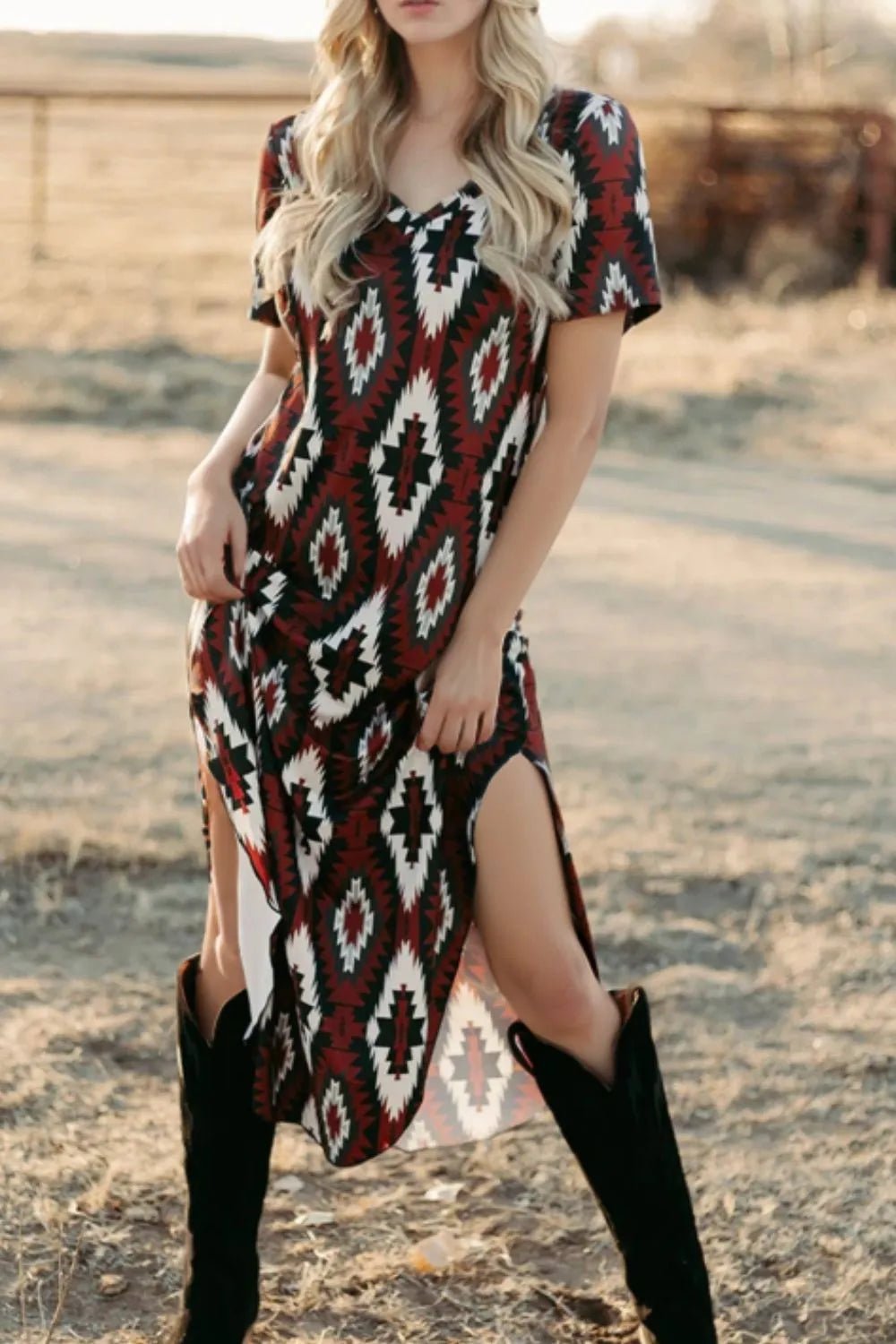 Aztec Print V-Neck Midi Dress - adritiX