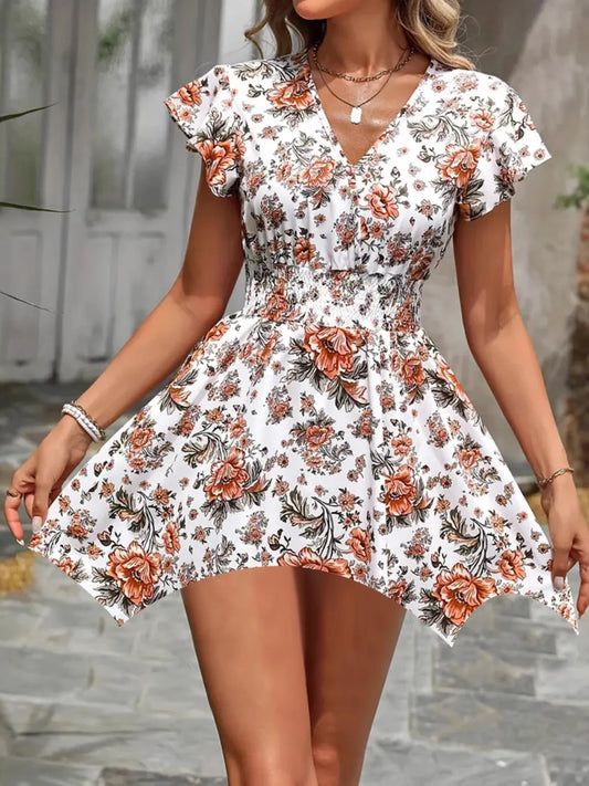 Floral Print V-Neck Flutter Sleeve Mini Dress - adritiX