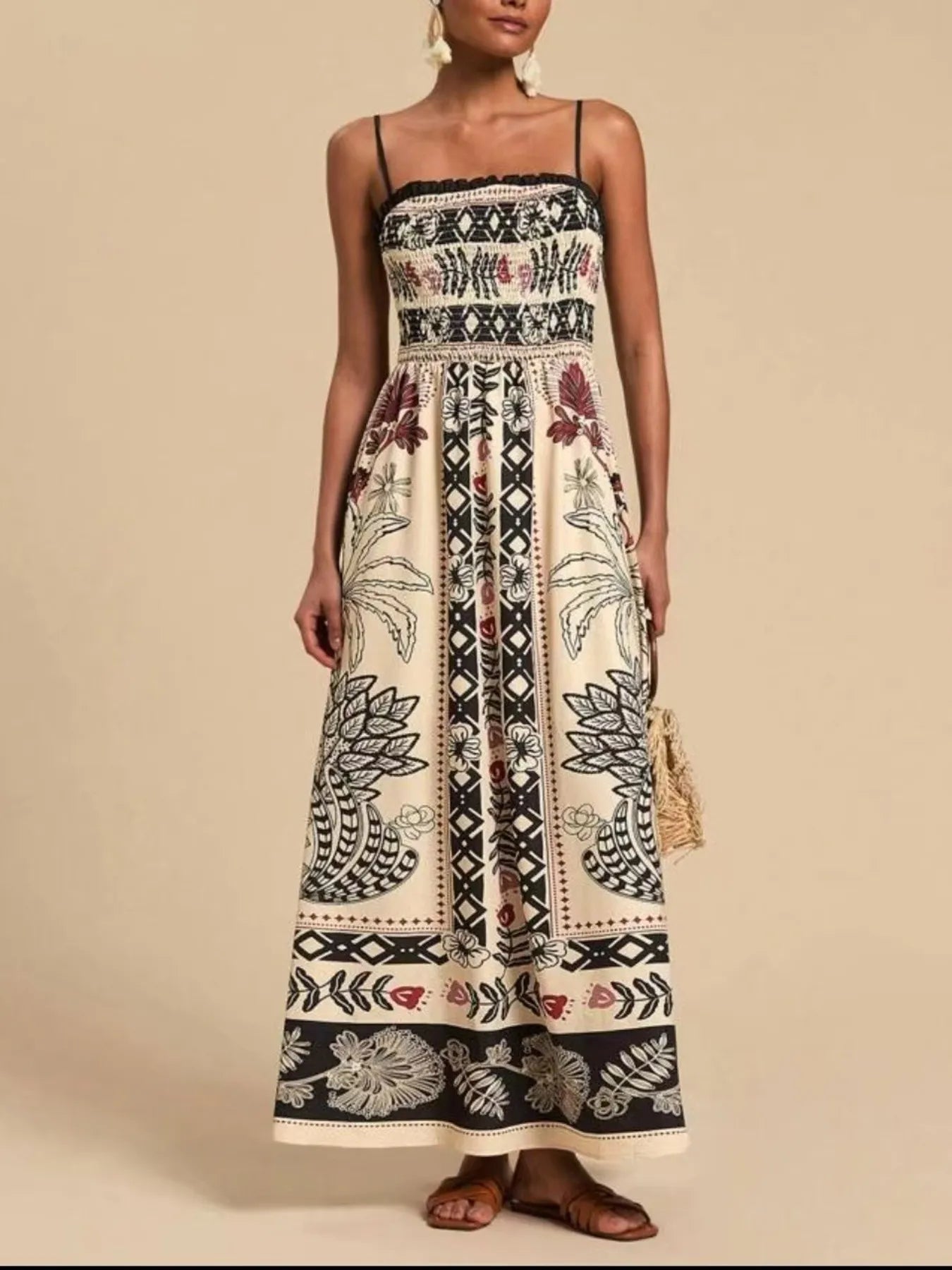 Elegant Smocked Printed Spaghetti Strap Maxi Summer Dress - adritiX