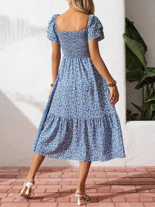 Floral Smocked Square Neck Midi Dress - adritiX