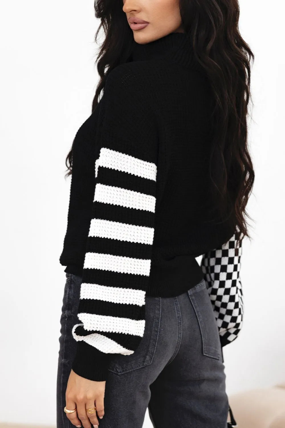 Striped & Checkered Turtleneck Dropped Shoulder Sweater - adritiX