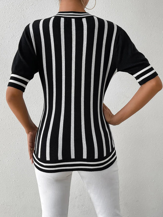 Striped Round Neck Half Sleeve Knit Top - adritiX
