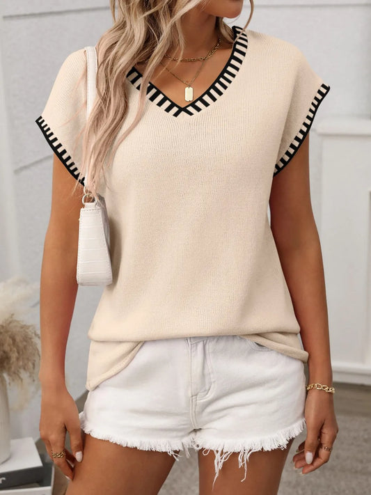 Contrast Trim V-Neck Knit Top - adritiX