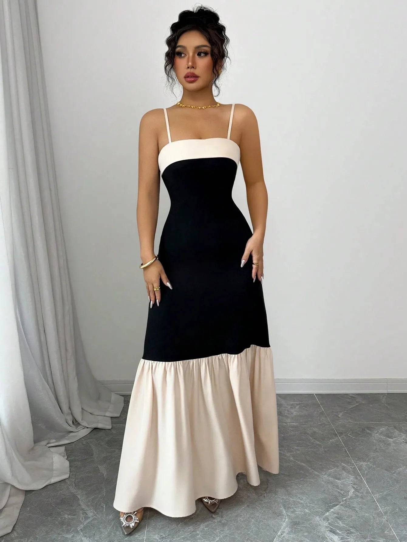 Two-Tone Spaghetti Strap Maxi Dress - adritiX