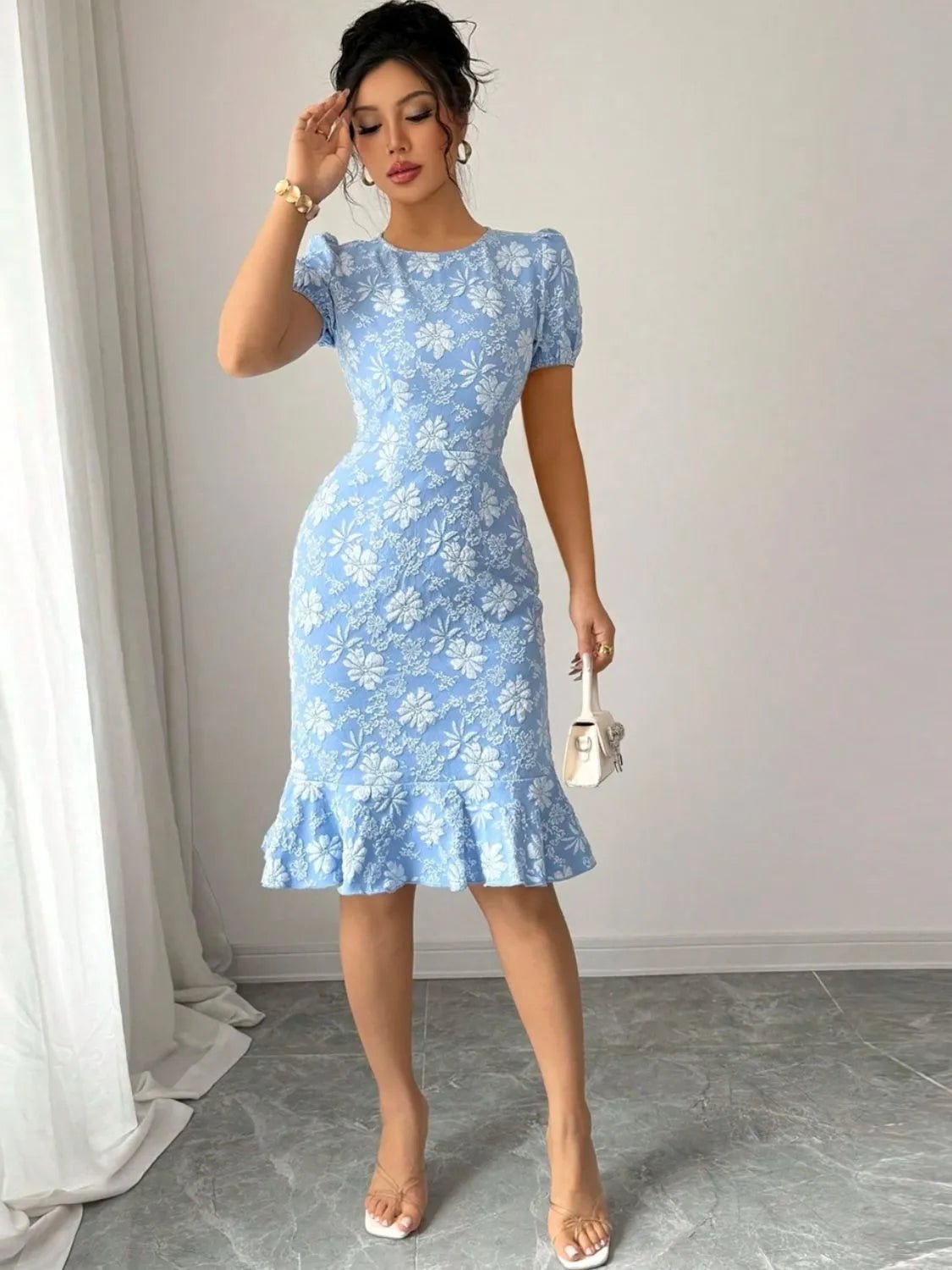 Ruffled Hem Flower Round Neck Short Sleeve Dress - adritiX