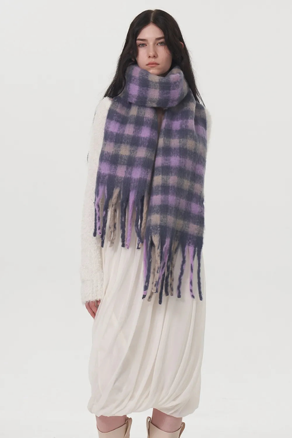 Fringe Plaid Polyester Scarf - adritiX