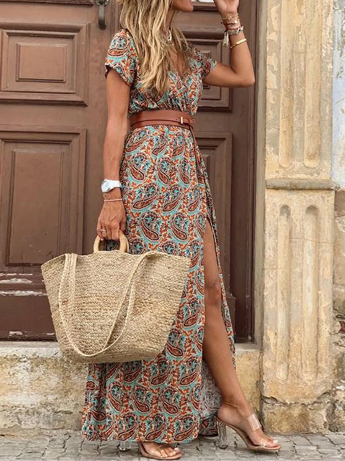 Full Size Printed V-Neck Short Sleeve Maxi Dress Plus Size - adritiX