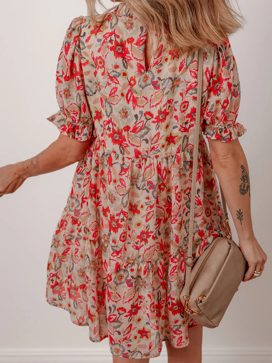 Floral Print Frilled Neck Puff Sleeve High Waist Dress - adritiX