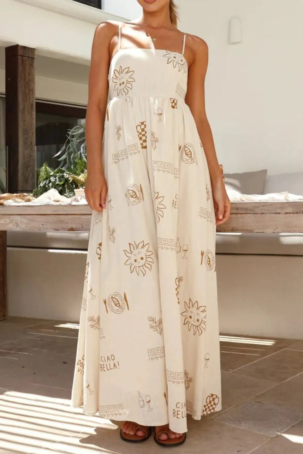 Cutout Back Printed Square Neck Maxi Cami Dress - adritiX