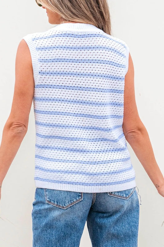 Stripe V Neck Gold Buttons Elegant Sweater Vest - adritiX