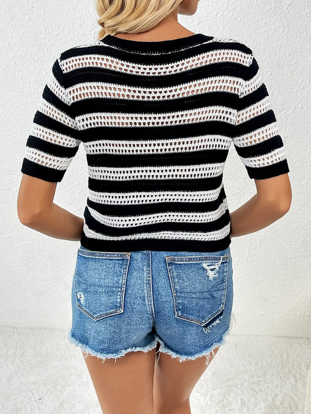 Openwork Striped Round Neck Short Sleeve Knit Top - adritiX