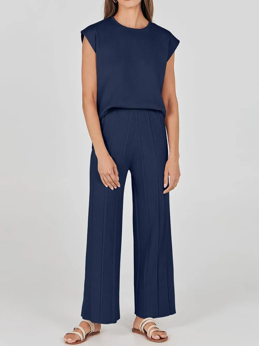 Round Neck Cap Sleeve Top and Pants Knit Set - adritiX
