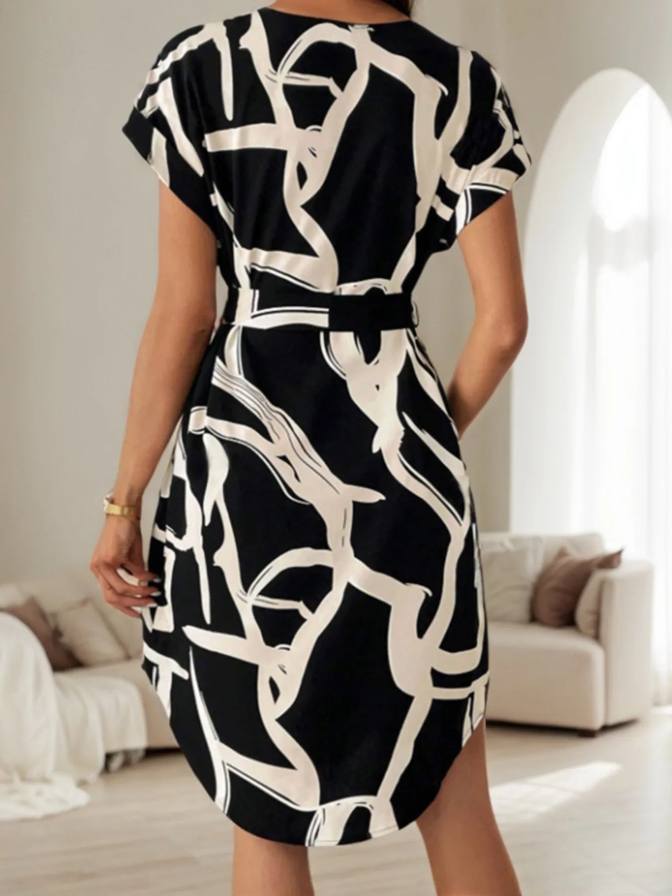 Abstract Print Belted Short Sleeve Midi Dress - adritiX
