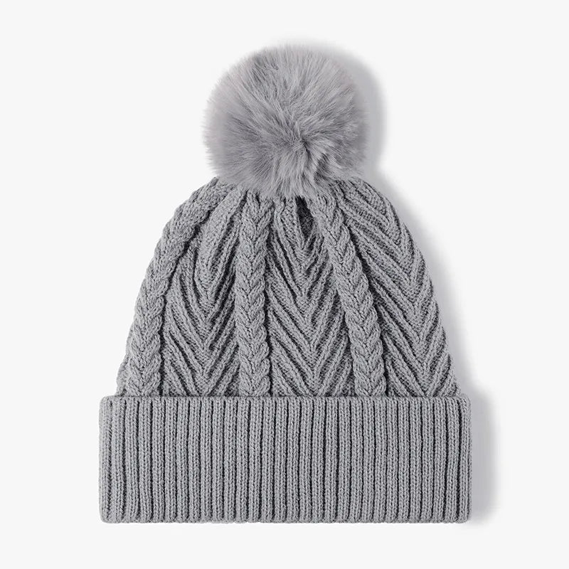 Cable Knit Solid Color Hat with Pompom - adritiX