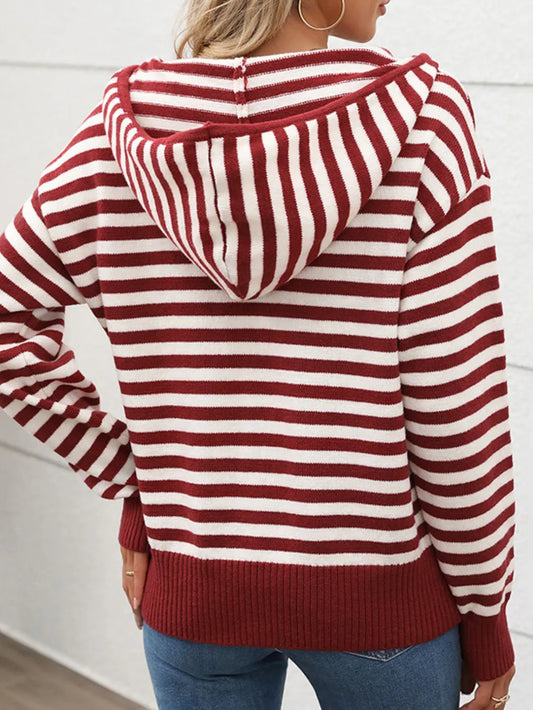 Perfee Striped Long Sleeve Hooded Sweater - adritiX