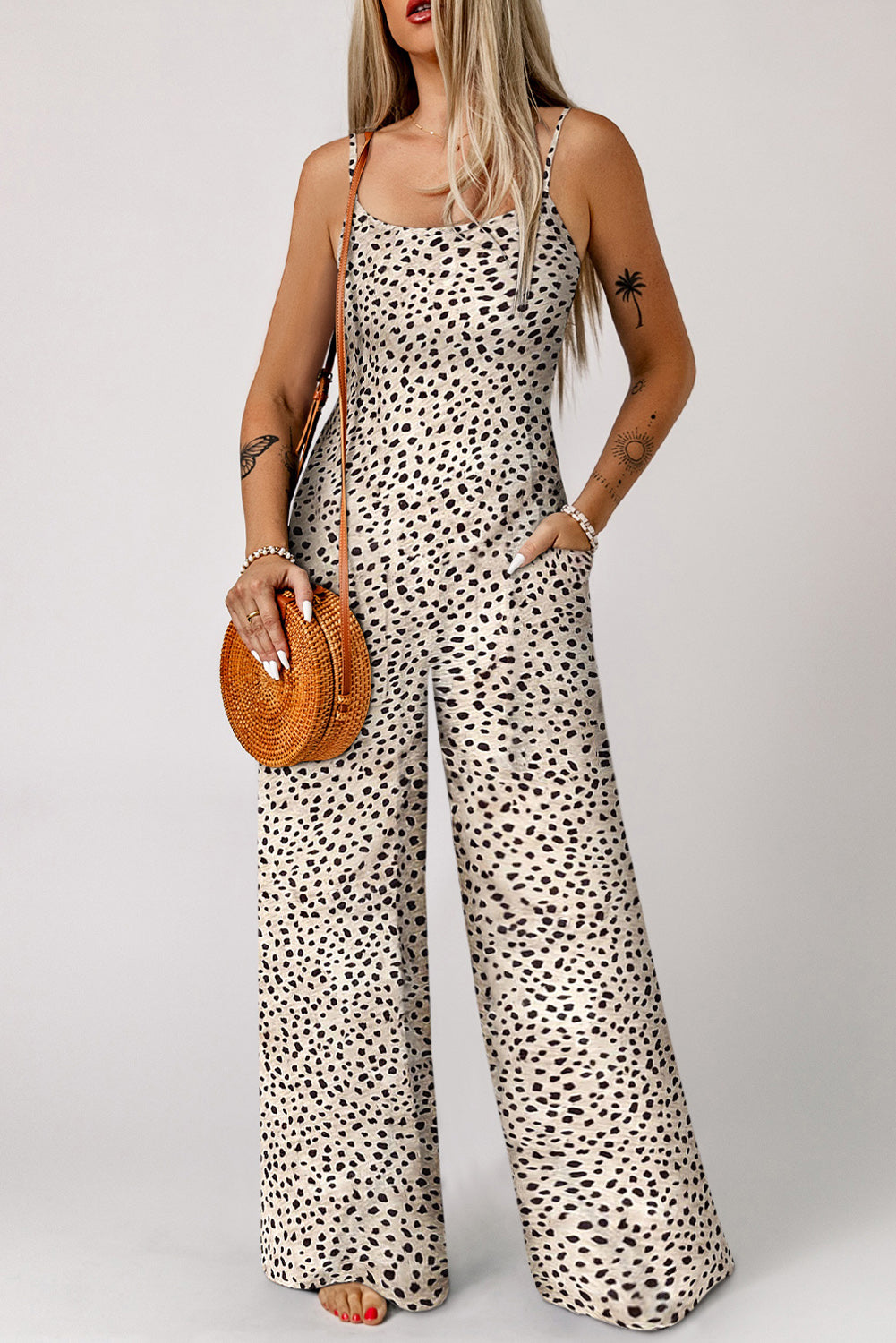 Elegant Printed Spaghetti Strap Jumpsuit with Pockets - adritiX