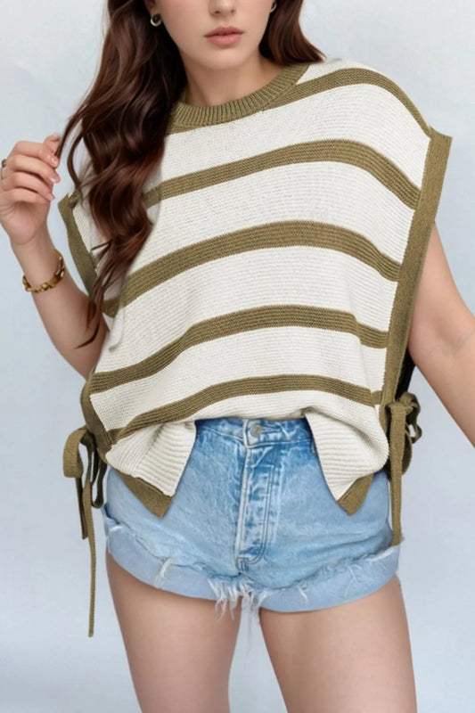 Stripe Tie Open Side Sweater Knitted Top - adritiX