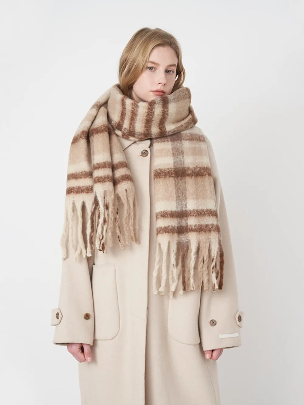 Fringe Plaid Polyester Scarf - adritiX