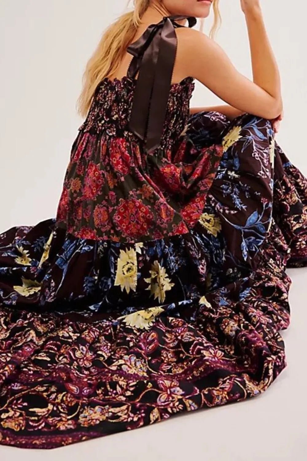 Floral Tiered Maxi Dress with Mixed Print Design - adritiX