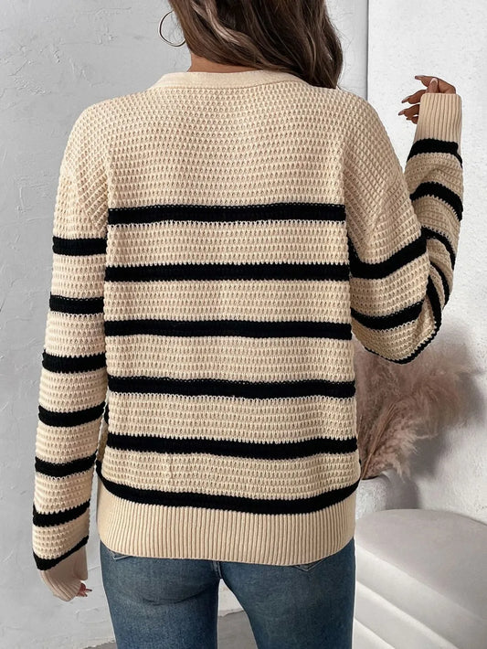 Perfee Striped Half Button Long Sleeve Sweater - adritiX
