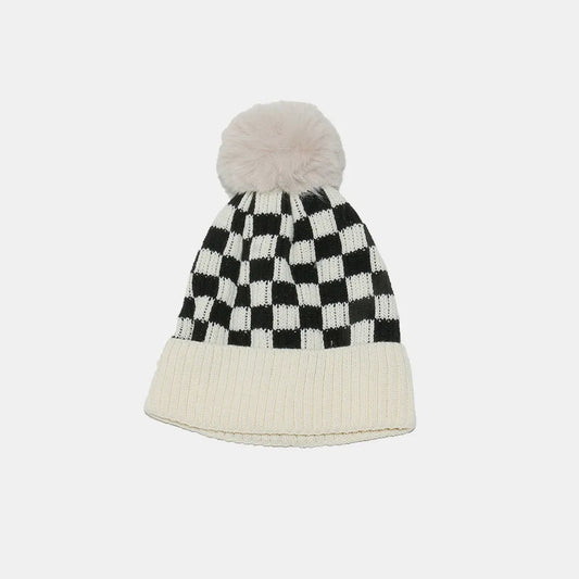 Checkered Knit Hat with Pompom - adritiX