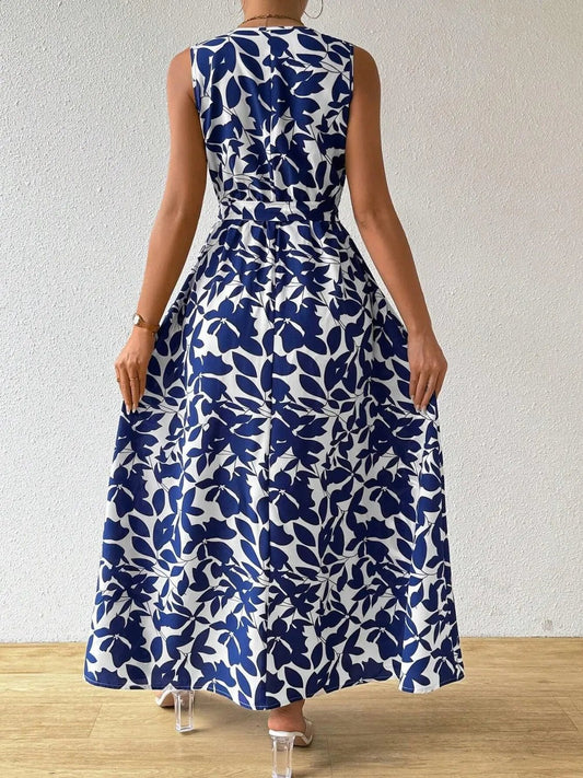 Printed Surplice Sleeveless Maxi Dress - adritiX