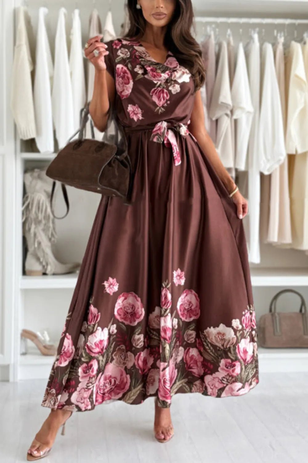 Floral Bliss Cap Sleeve Dress with Chic Belt - adritiX