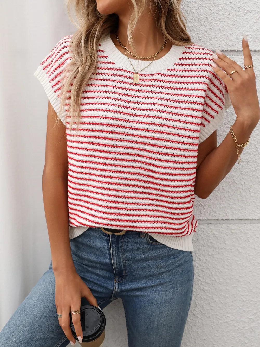 Striped Round Neck Short Sleeve Knit Top - adritiX