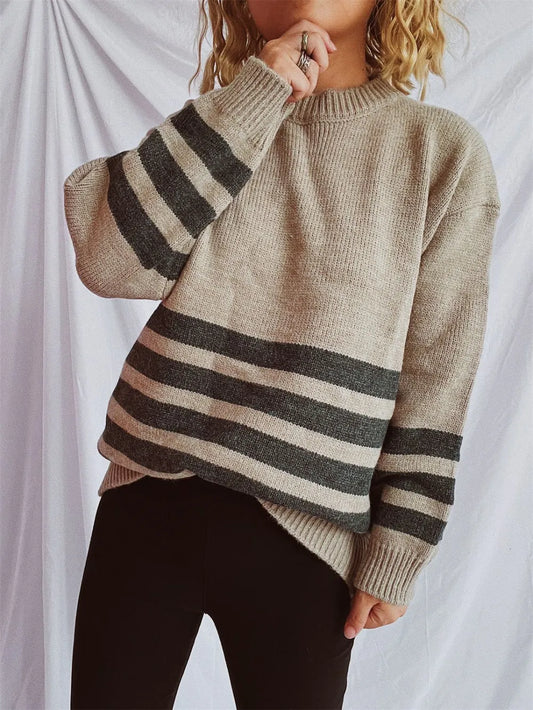 Striped Dropped Shoulder Long Sleeve Sweater - adritiX