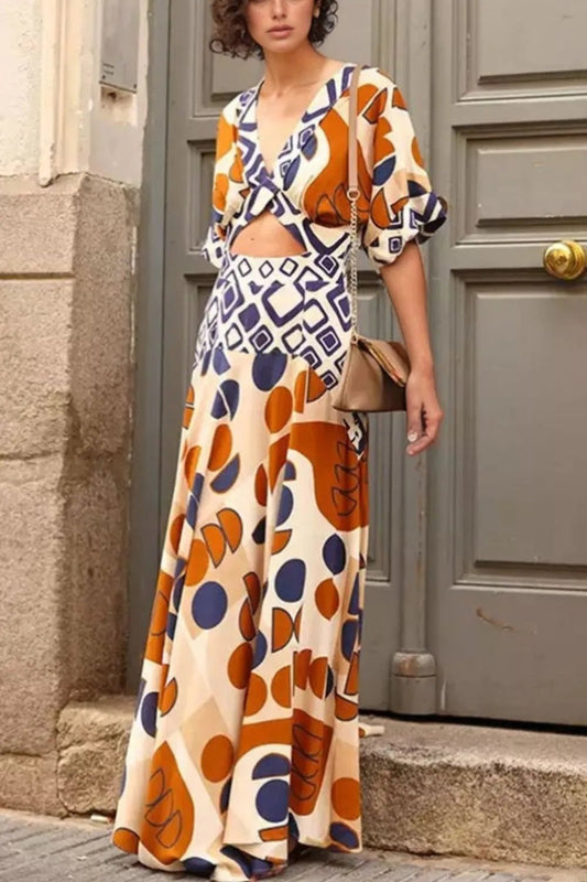 Geometric Print V-Neck Maxi Dress with Cutout Detail - adritiX