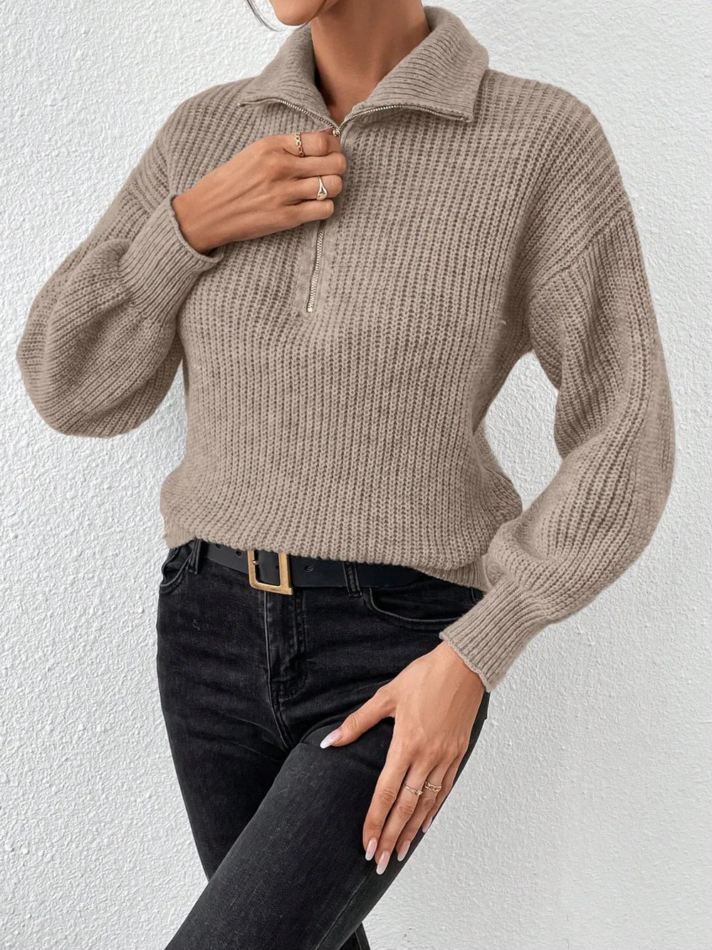 Elegant Honey Half Zip Dropped Shoulder Sweater - adritiX