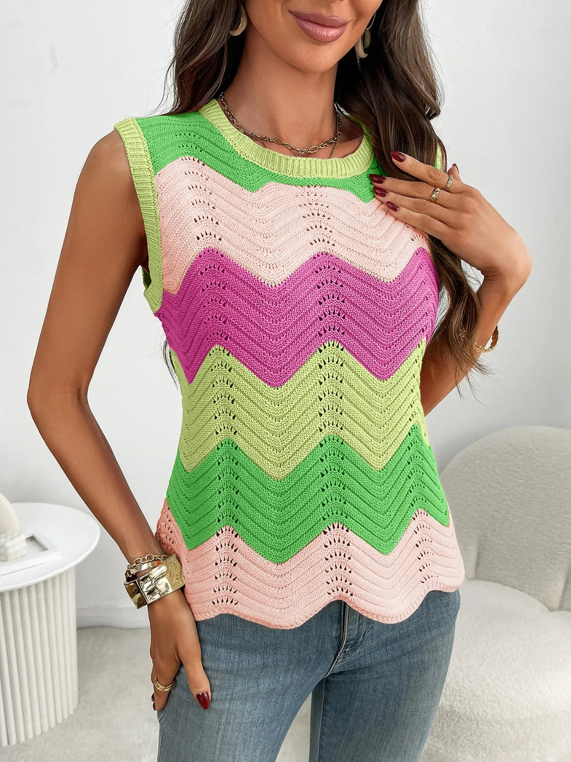 Color Block Round Neck Sweater Vest - adritiX