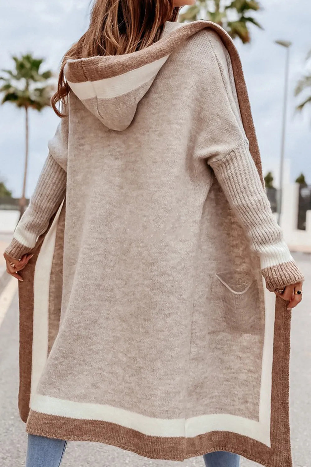 Pocketed Contrast Long Sleeve Hooded Cardigan - adritiX