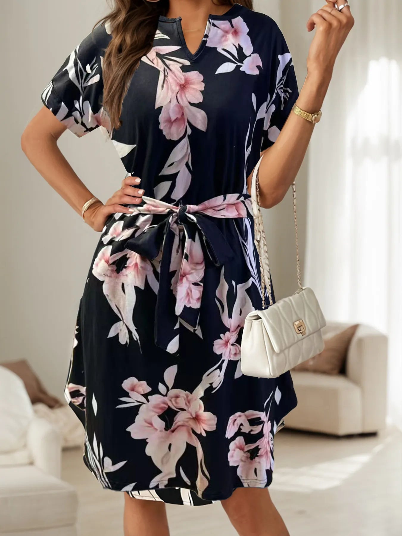 Abstract Print Belted Short Sleeve Midi Dress - adritiX