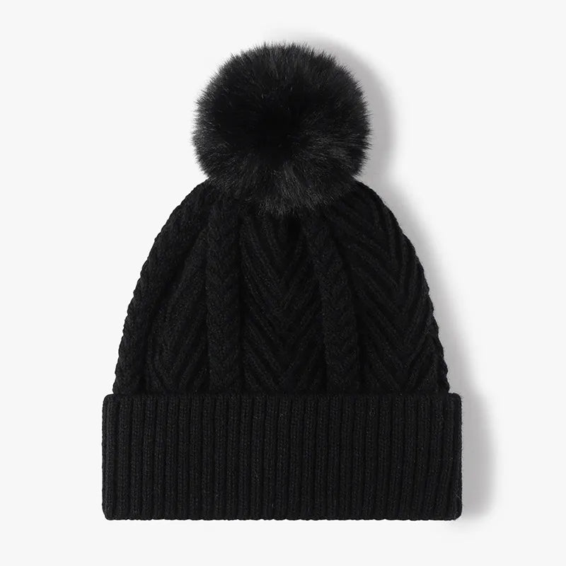 Cable Knit Solid Color Hat with Pompom - adritiX