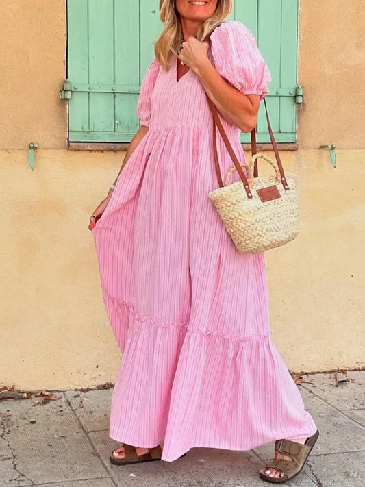 Striped Puff Sleeve V-Neck Maxi Dress - adritiX