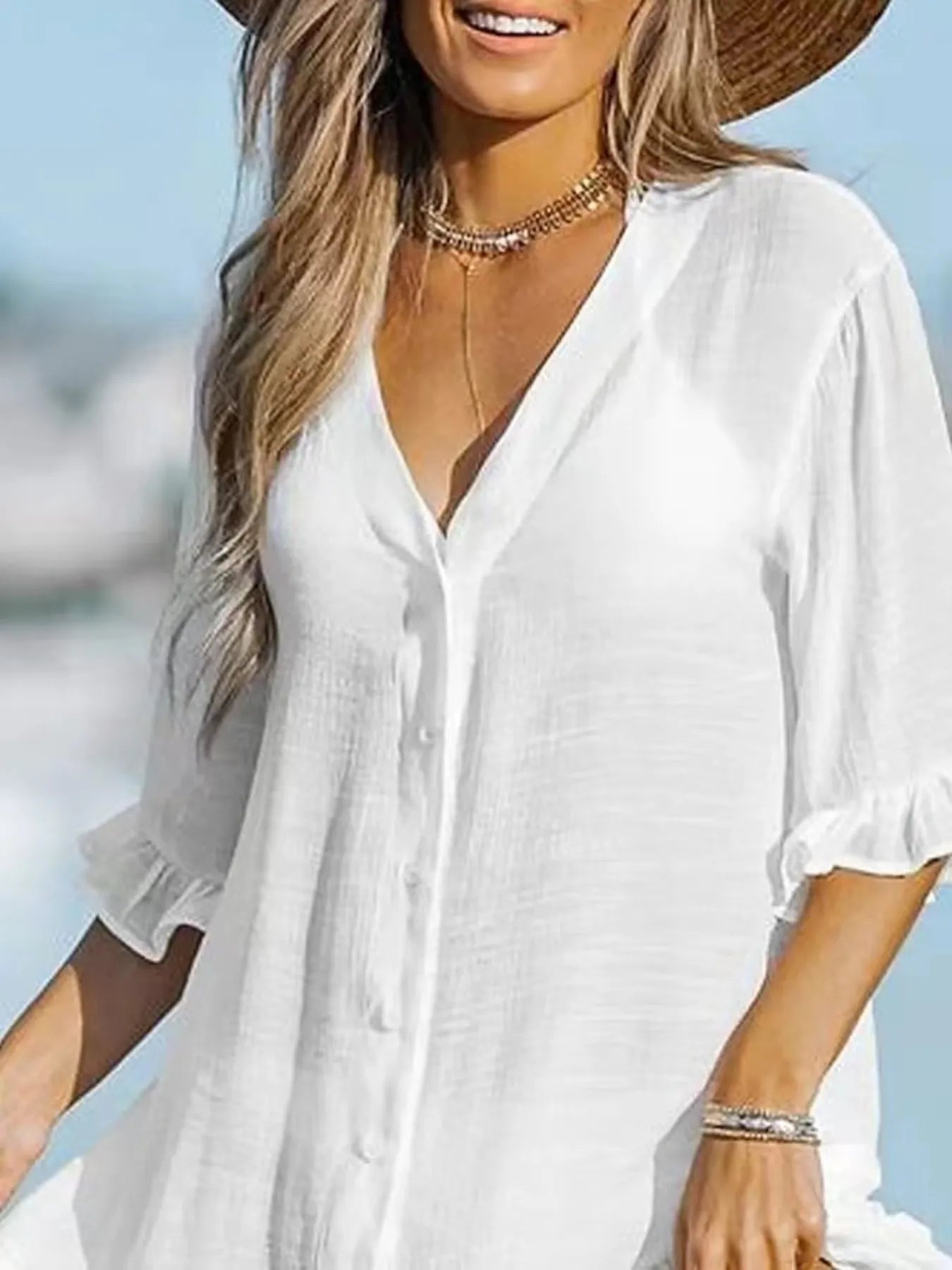 V-Neck Button Down Beach Cover Up Dress - adritiX