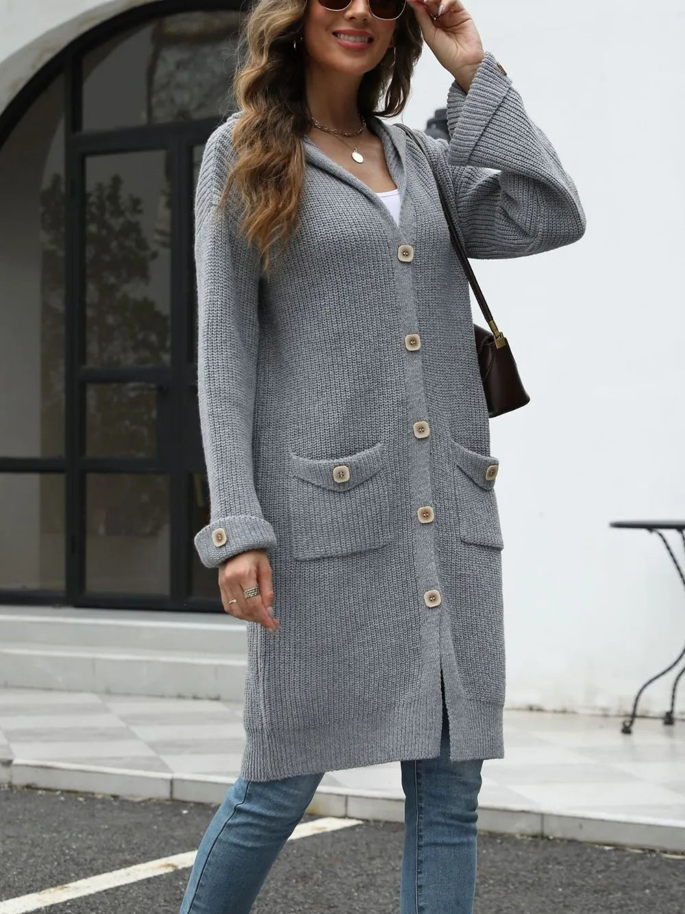 Pocketed Button Up Long Sleeve Hooded Cardigan - adritiX