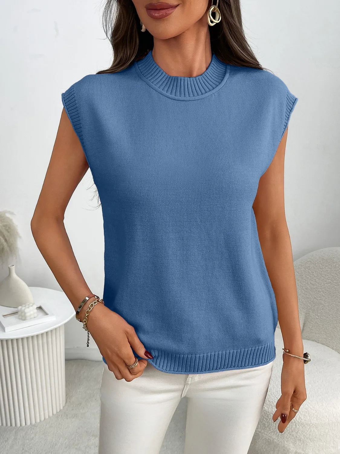 Mock Neck Cap Sleeve Knit Top - adritiX