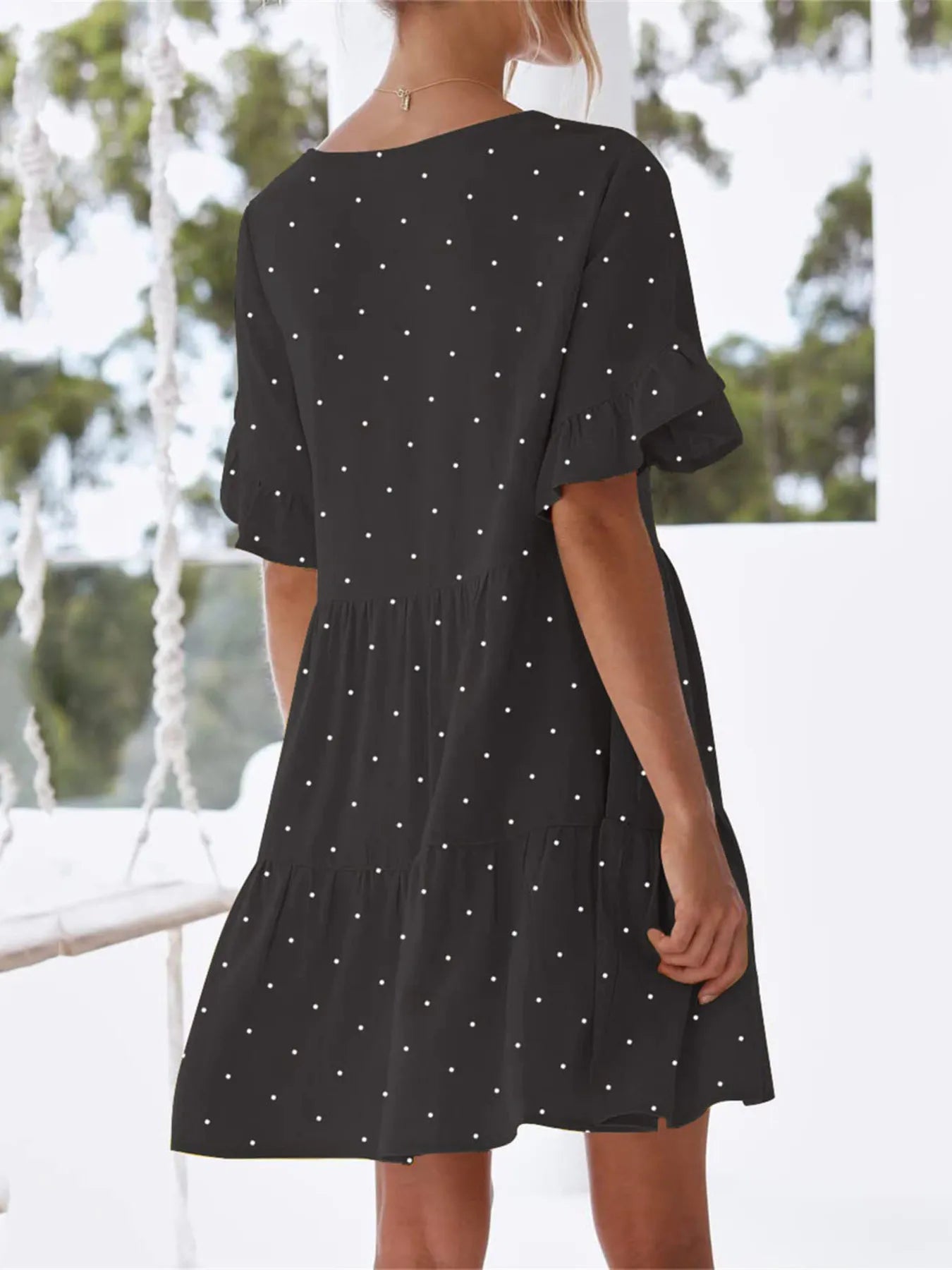 Polka Dot V-Neck Short Sleeve Mini Dress - adritiX