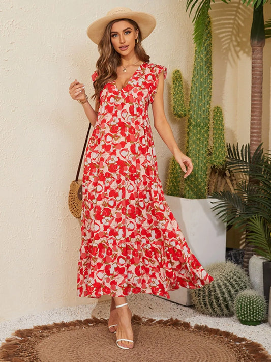 Floral V-Neck Cap Sleeve Summer Dress - adritiX