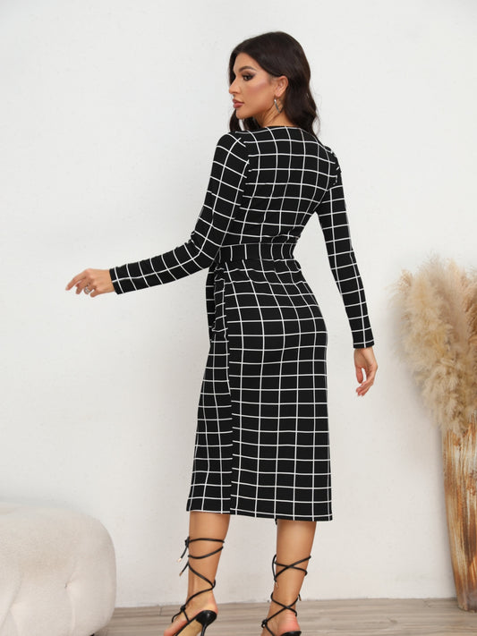 Elegant Plaid Long Sleeve Slit Dress - adritiX